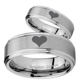 Bride and Groom Heart Step Edges Brushed Tungsten Carbide Rings for Men Set