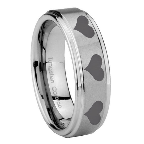 8mm Multiple Heart Step Edges Brushed Tungsten Carbide Mens Engagement Ring