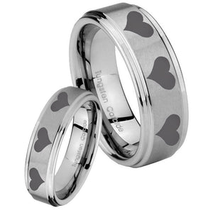 His Hers Multiple Heart Step Edges Brushed Tungsten Wedding Band Mens Set