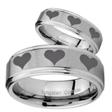 His Hers Multiple Heart Step Edges Brushed Tungsten Wedding Band Mens Set