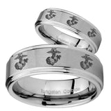 His Hers Multiple Marine Step Edges Brushed Tungsten Mens Ring Personalized Set