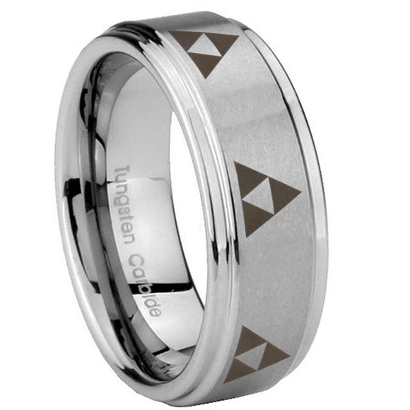 8mm Multiple Zelda Triforce Step Edges Brushed Tungsten Wedding Bands Ring