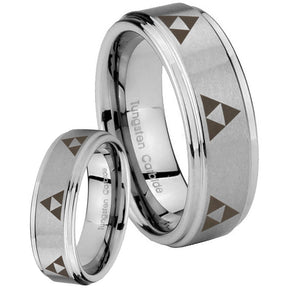 His Hers Multiple Zelda Triforce Step Edges Brushed Tungsten Mens Ring Set