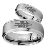 His and Hers Step Edge Air Force Tungsten Silver Wedding Rings Set