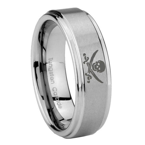 8mm Skull Pirate Step Edges Brushed Tungsten Carbide Mens Bands Ring