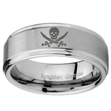 8mm Skull Pirate Step Edges Brushed Tungsten Carbide Mens Bands Ring