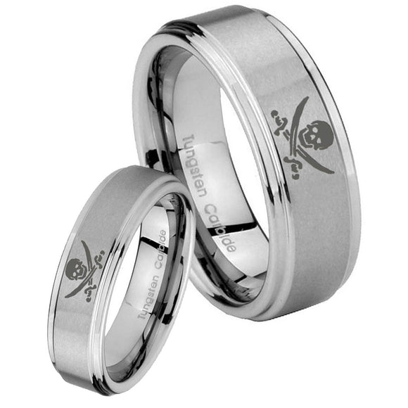 His Hers Skull Pirate Step Edges Brushed Tungsten Men's Engagement Band Set