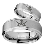 His Hers Skull Pirate Step Edges Brushed Tungsten Men's Engagement Band Set