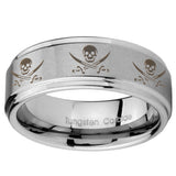 10mm Multiple Skull Pirate Step Edges Brushed Tungsten Men's Promise Rings