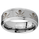 8mm Multiple Skull Pirate Step Edges Brushed Tungsten Wedding Engagement Ring