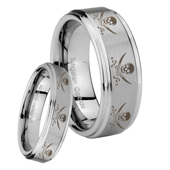 His Hers Multiple Skull Pirate Step Edges Brushed Tungsten Men's Ring Set