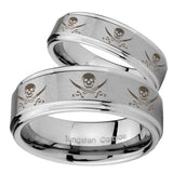 His Hers Multiple Skull Pirate Step Edges Brushed Tungsten Men's Ring Set