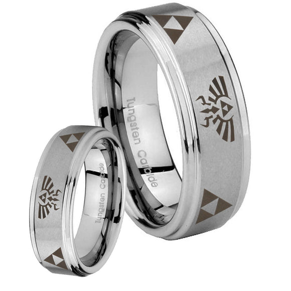 His Hers Legend of Zelda Step Edges Brushed Tungsten Custom Mens Ring Set