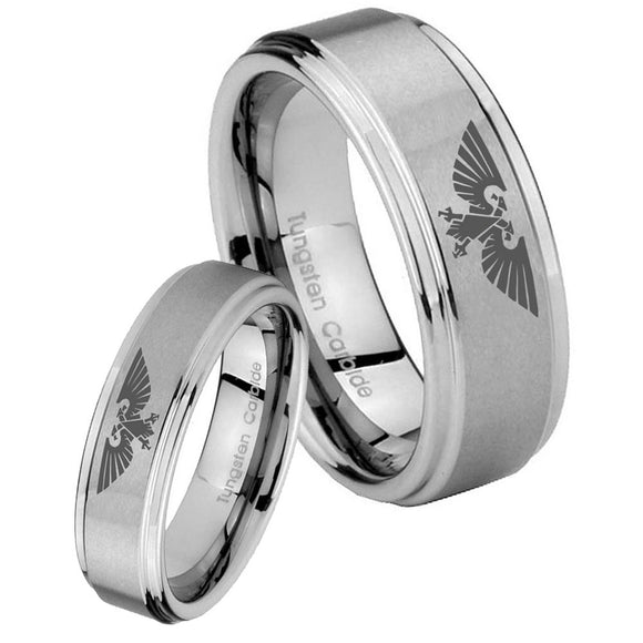 Bride and Groom Aquila Step Edges Brushed Tungsten Carbide Engagement Ring Set