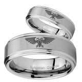 Bride and Groom Aquila Step Edges Brushed Tungsten Carbide Engagement Ring Set