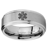 10mm Medical Alert Step Edges Brushed Tungsten Carbide Mens Ring Personalized