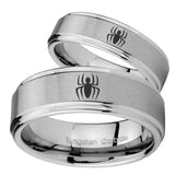 Bride and Groom Spiderman Step Edges Brushed Tungsten Mens Wedding Ring Set