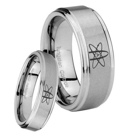 His Hers American Atheist Step Edges Brushed Tungsten Men's Wedding Ring Set