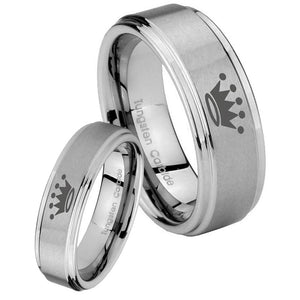 Bride and Groom Crown Step Edges Brushed Tungsten Men's Engagement Band Set