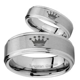 Bride and Groom Crown Step Edges Brushed Tungsten Men's Engagement Band Set