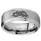 10mm Flamed Cross Step Edges Brushed Tungsten Carbide Wedding Band Ring