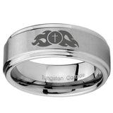 8mm Flamed Cross Step Edges Brushed Tungsten Carbide Men's Engagement Band