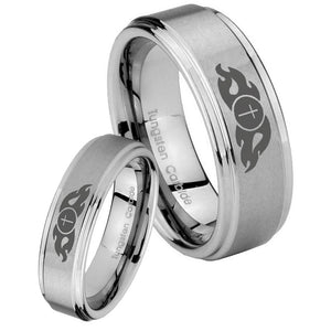 His and Hers Flamed Cross Step Edges Brushed Tungsten Mens Promise Ring Set