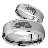 His and Hers Flamed Cross Step Edges Brushed Tungsten Mens Promise Ring Set