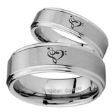 His and Hers Music & Heart Step Edges Brushed Tungsten Personalized Ring Set