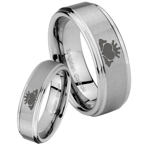 His Hers Claddagh Design Step Edges Brushed Tungsten Men's Wedding Band Set