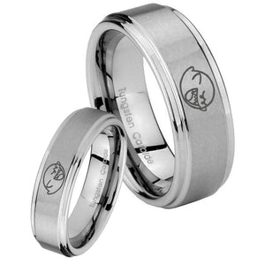 His Hers Mario Boo Ghost Step Edges Brushed Tungsten Wedding Bands Ring Set