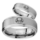 His Hers Mario Mushroom Step Edges Brushed Tungsten Wedding Engagement Ring Set