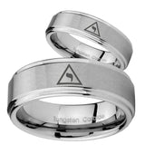 His Hers Masonic Yod Step Edges Brushed Tungsten Wedding Engraving Ring Set