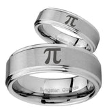 Bride and Groom Math Pi Step Edges Brushed Tungsten Carbide Anniversary Ring Set