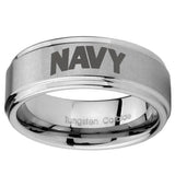 8mm Navy Step Edges Brushed Tungsten Carbide Custom Mens Ring