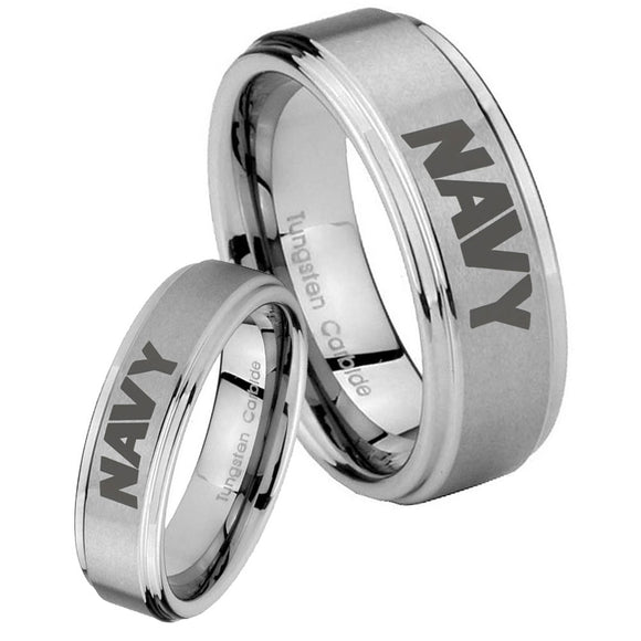 Bride and Groom Navy Step Edges Brushed Tungsten Carbide Engraved Ring Set