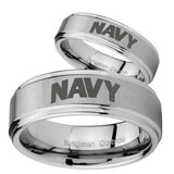 Bride and Groom Navy Step Edges Brushed Tungsten Carbide Engraved Ring Set