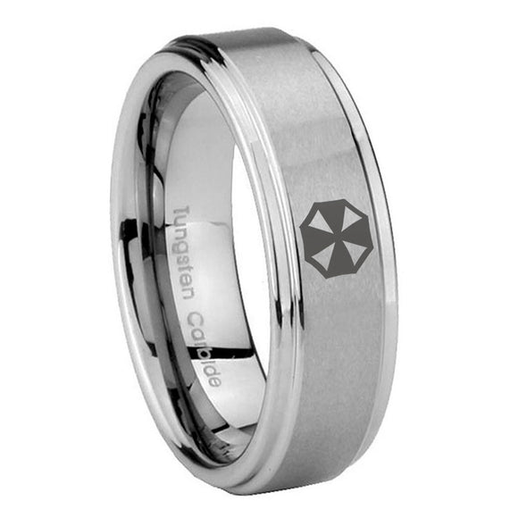 8mm Resident Evil Step Edges Brushed Tungsten Carbide Mens Anniversary Ring