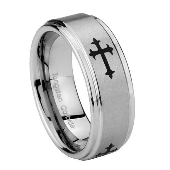 8mm Christian Cross Religious Step Edges Brushed Tungsten Carbide Mens Anniversary Ring