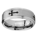 10mm Christian Cross Religious Step Edges Brushed Tungsten Carbide Men's Wedding Ring