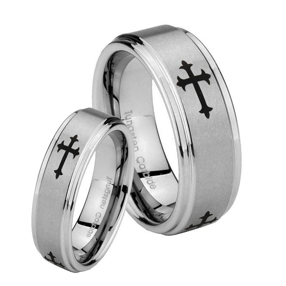 His Hers Christian Cross Religious Step Edges Brushed Tungsten Men's Wedding Band Set