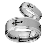 His Hers Christian Cross Religious Step Edges Brushed Tungsten Men's Wedding Band Set