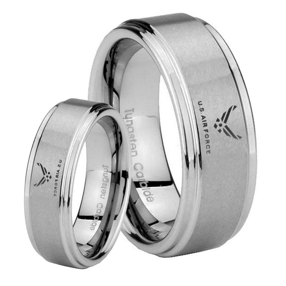 His and Hers Step Edge US Air Force Tungsten Silver Wedding Rings Set