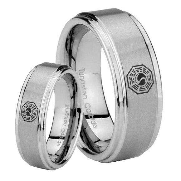 His Hers Lost Dharma Step Edges Brushed Tungsten Mens Anniversary Ring Set