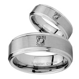 Bride and Groom Military Pow Step Edges Brushed Tungsten Men's Band Ring Set