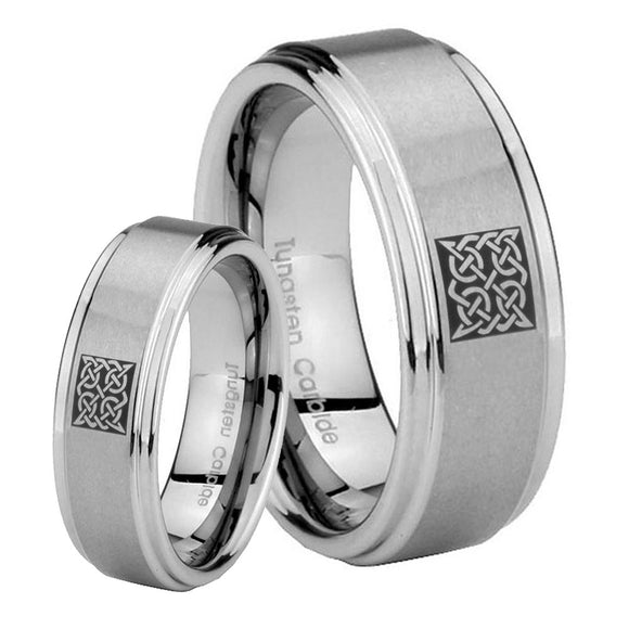 His and Hers Celtic Design Step Edges Brushed Tungsten Anniversary Ring Set