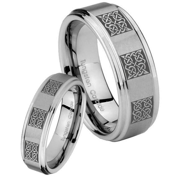 Bride and Groom Multiple Celtic Step Edges Brushed Tungsten Bands Ring Set