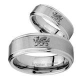 Bride and Groom Dragon Step Edges Brushed Tungsten Carbide Mens Bands Ring Set