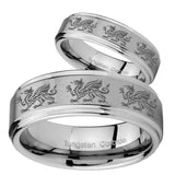 His Hers Multiple Dragon Step Edges Brushed Tungsten Mens Engagement Ring Set