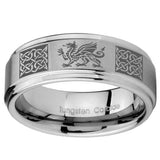 10mm Multiple Dragon Celtic Step Edges Brushed Tungsten Wedding Band Mens